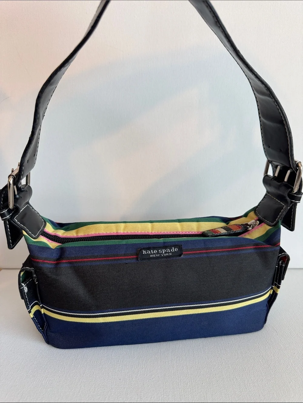 Vintage Kate Spade Striped Nylon Patent Leather Baguette Shoulder Bag Y2K